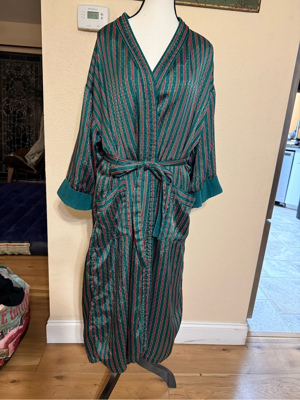 VTG Victoria’s Secret Satin Striped Terry-Lined Robe Green Gold Label M/L